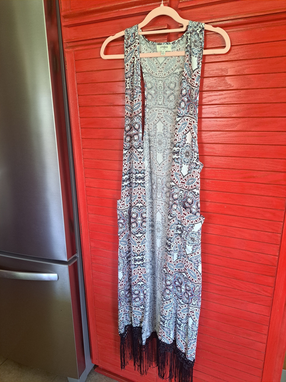 Umgee M/L boho Fringed Paisley Pocketed Maxi Vest Festival Retro